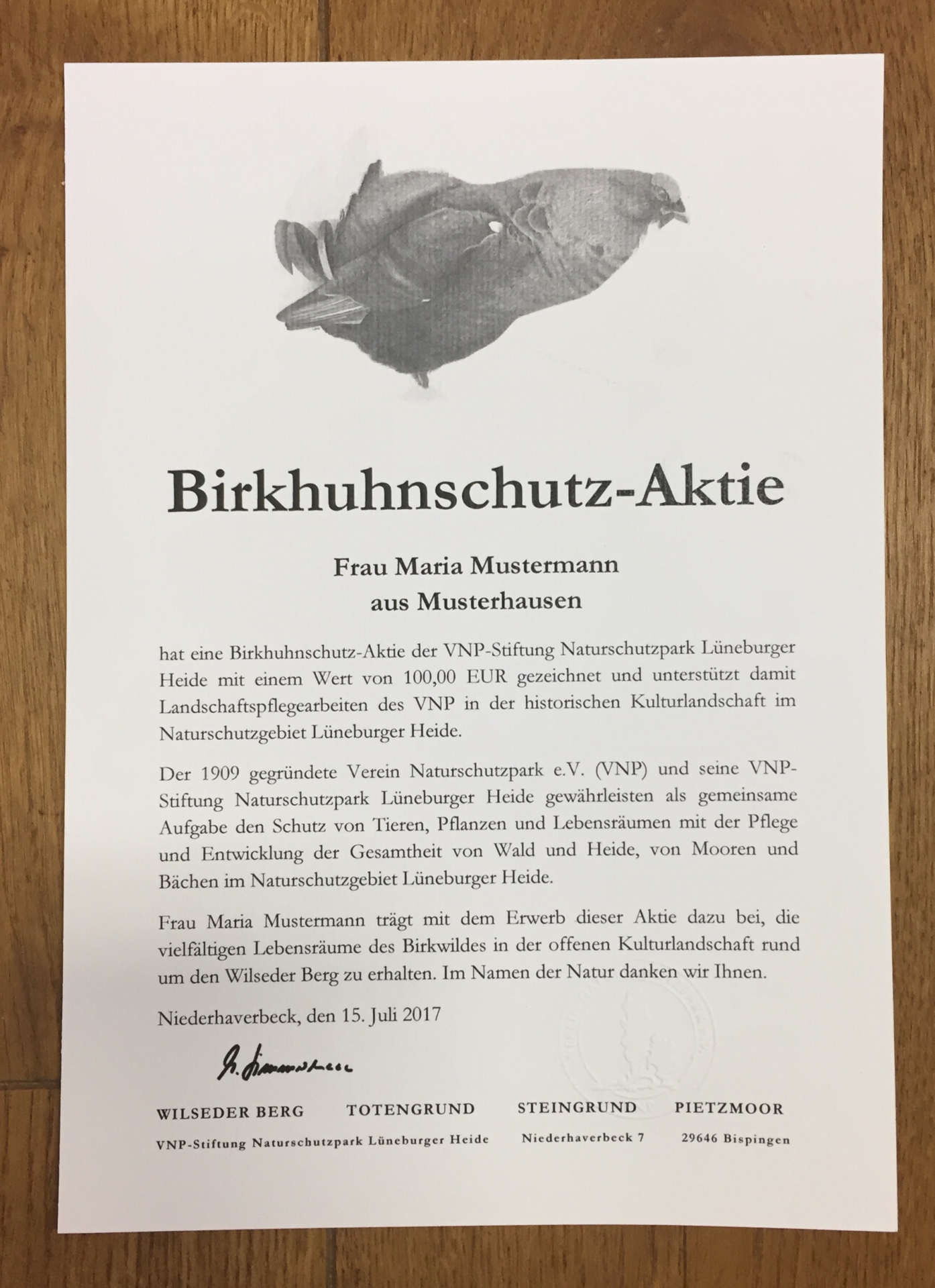 Birkhuhnschutz-Aktie der VNP-Stiftung Naturschutzpark